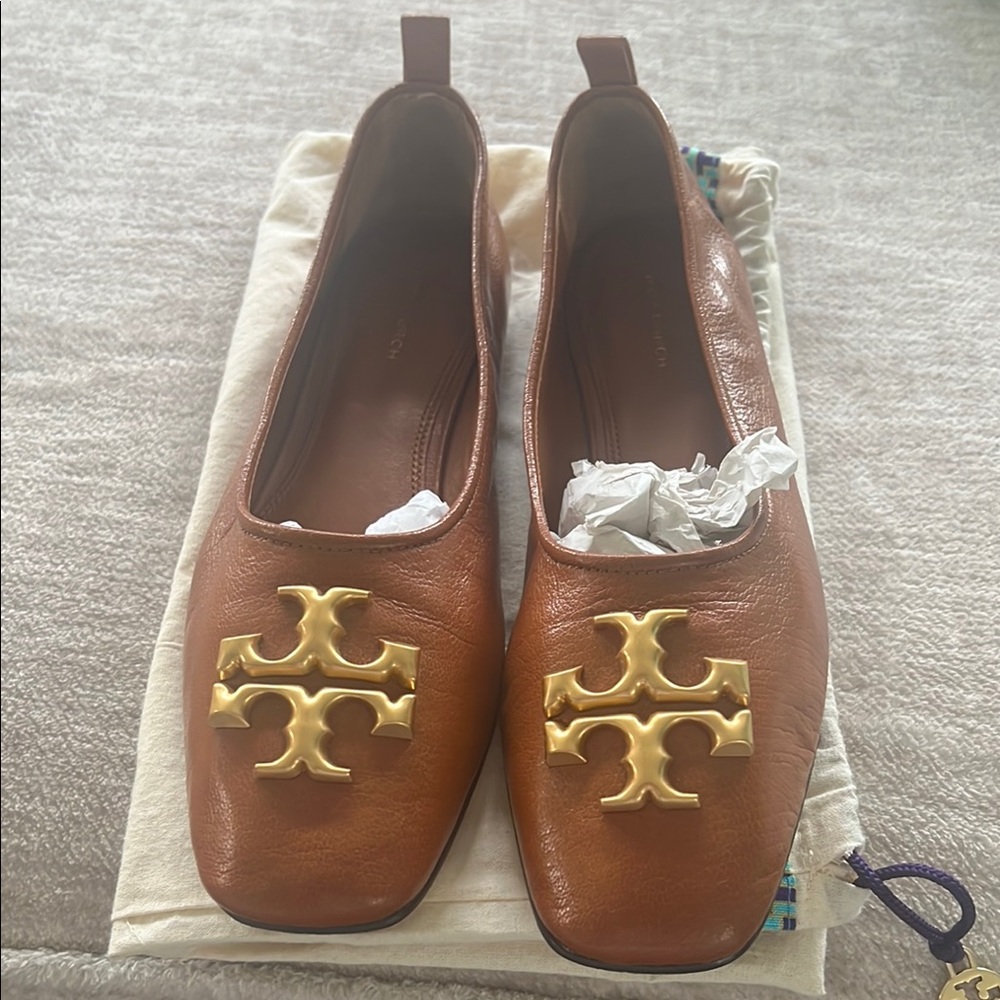 Tory Burch Brown Gold Eleanor Leather Flats with Logo